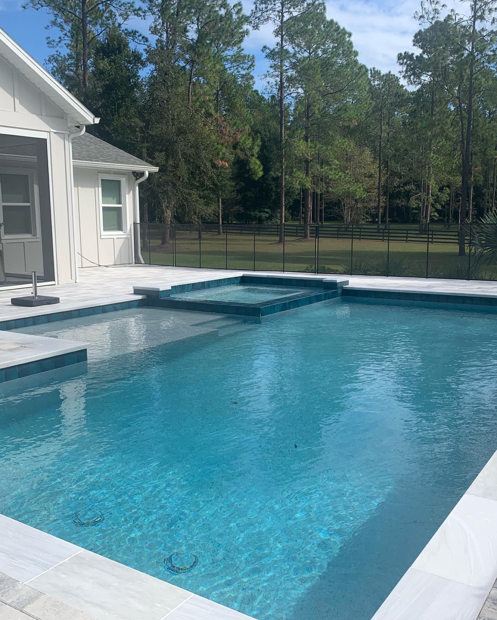 Modern white home with pool and raised spa set against a Central Florida pine woodline